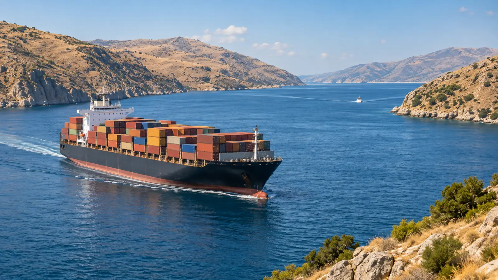A large cargo vessel crossing a narrow blue strait at midday, tan coastal hills rising on both sides