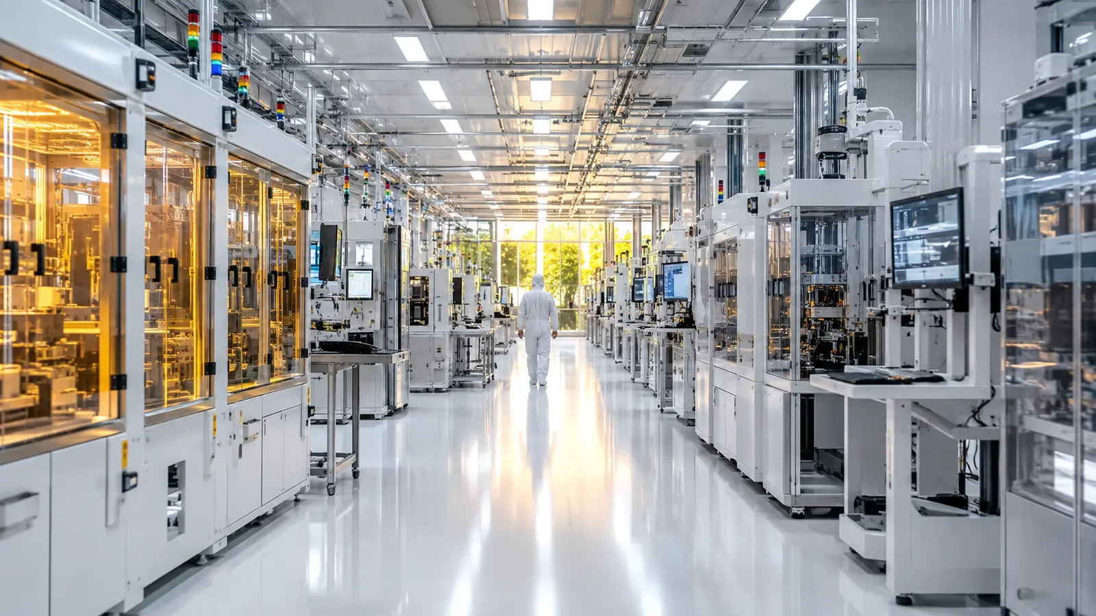 A brightly lit semiconductor packaging line with rows of machinery and a technician in white coveralls seen from behind