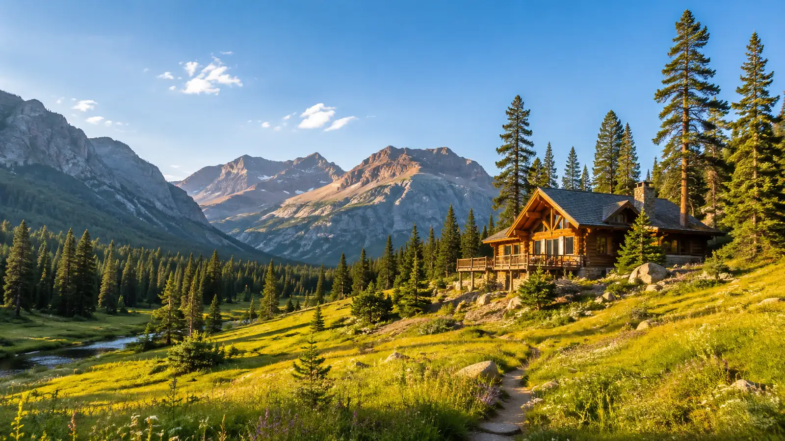 A wide mountain valley in golden late-summer light with a timber lodge among pines and distant peaks