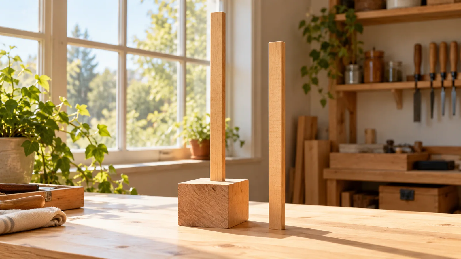 Two identical wooden measuring sticks on a sunlit bench, one raised on a block so their tops differ
