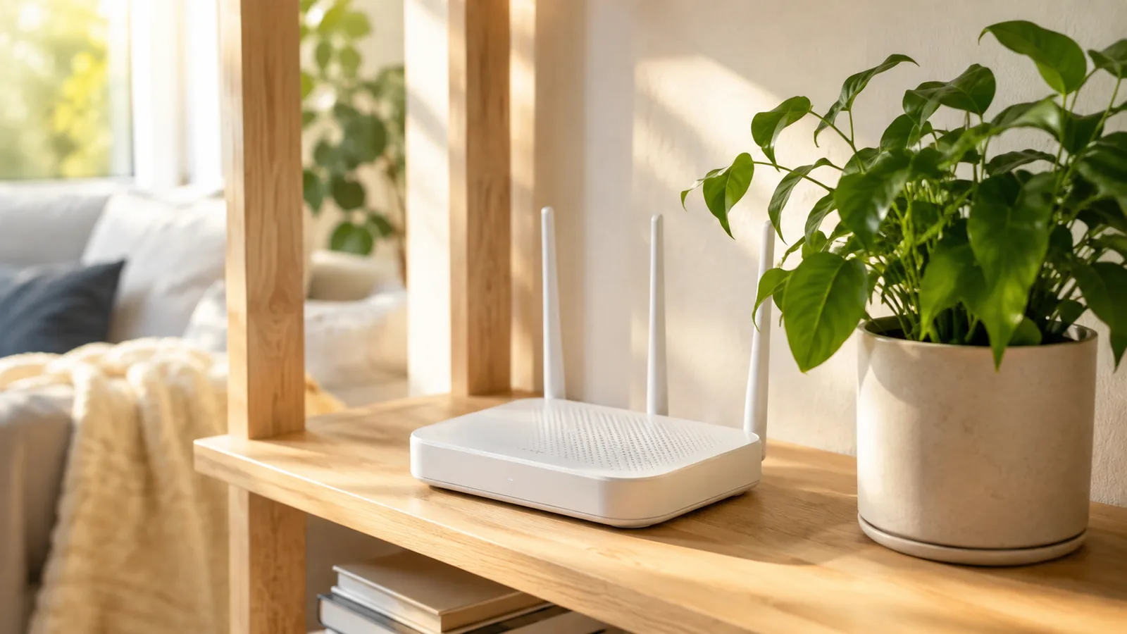A small white home wifi router on a light wooden shelf beside a potted plant in warm morning sunlight