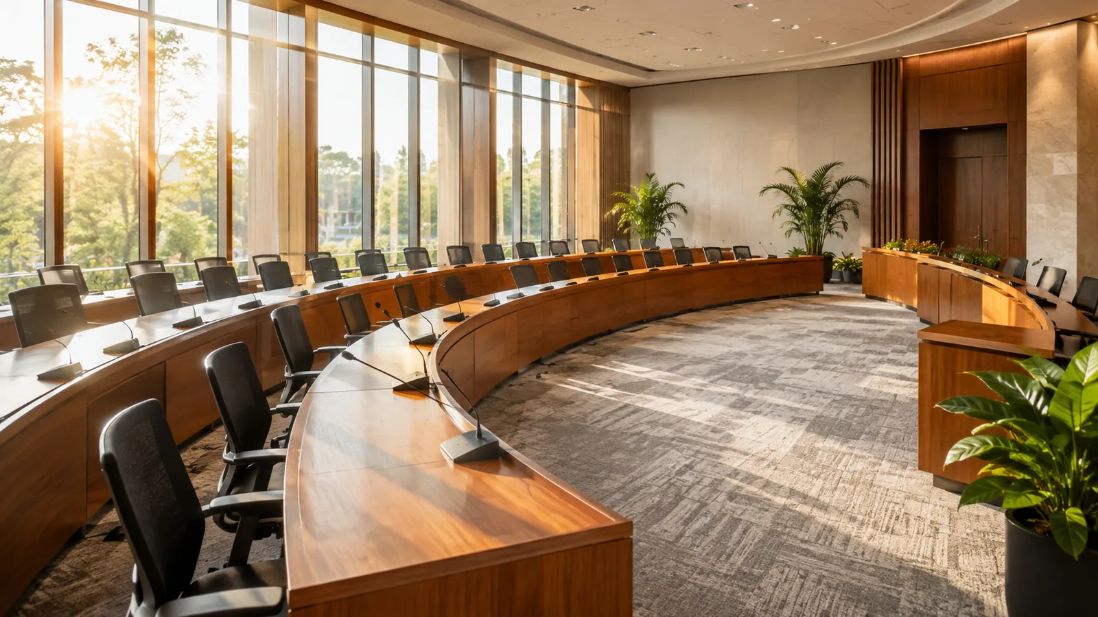 An empty modern committee room in warm daylight, curved rows of wooden desks with microphones and tall sunlit windows