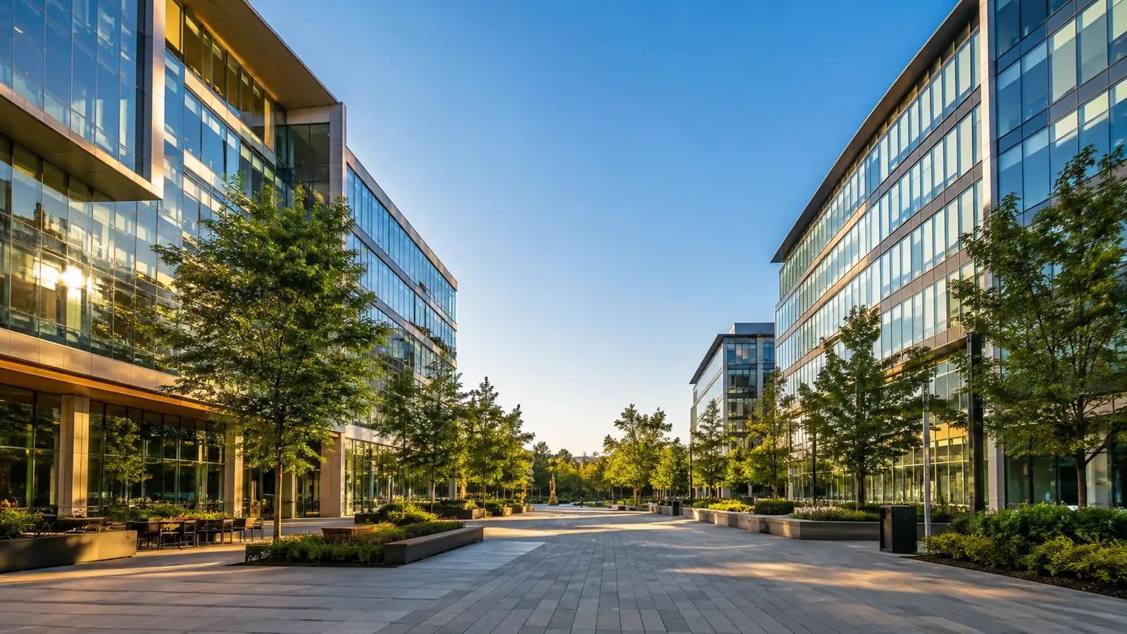 Two glass office buildings facing each other across a sunlit plaza with a walkway and trees between them