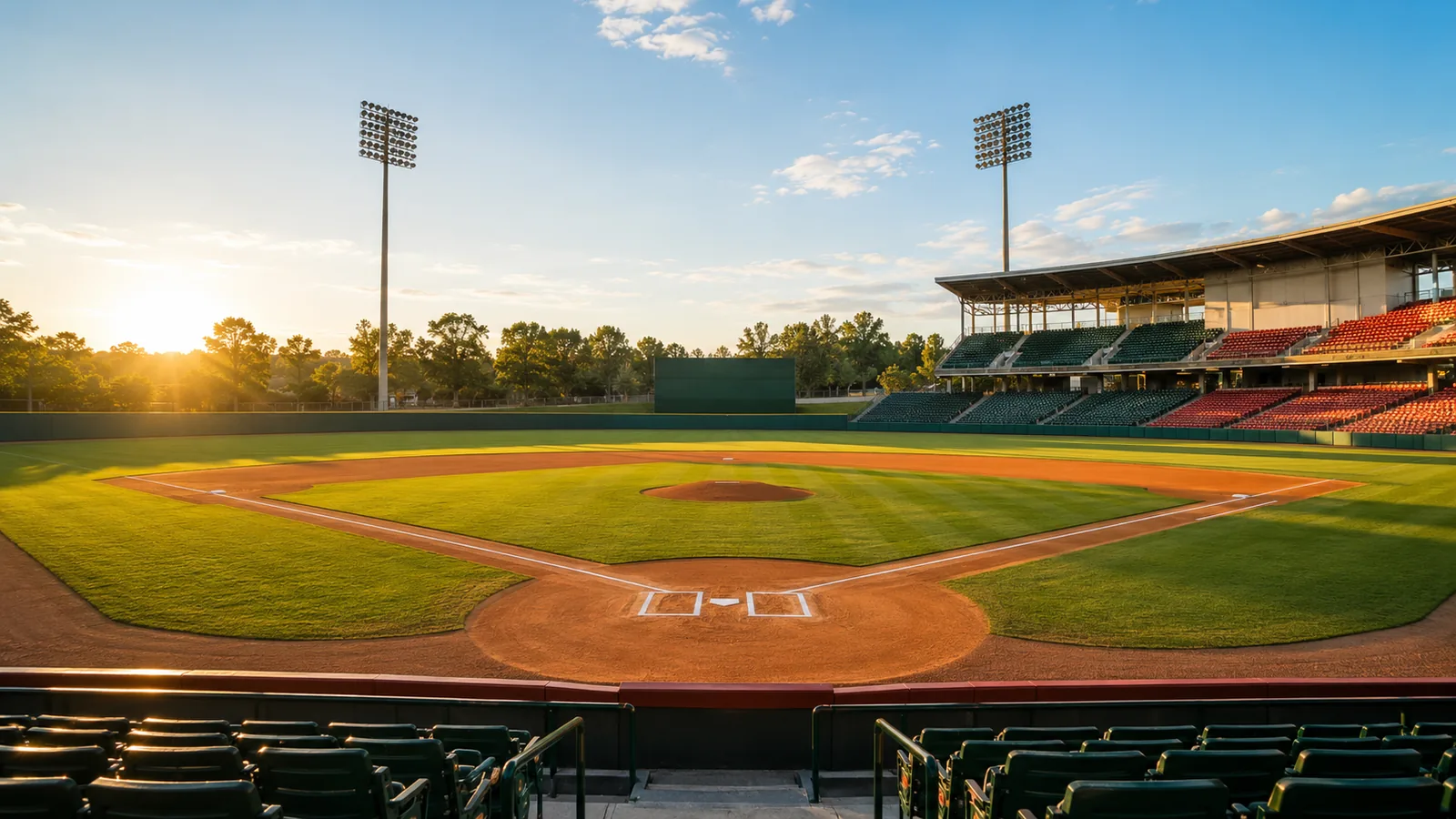 An empty baseball stadium in late-afternoon sunlight, groomed infield dirt and green outfield grass