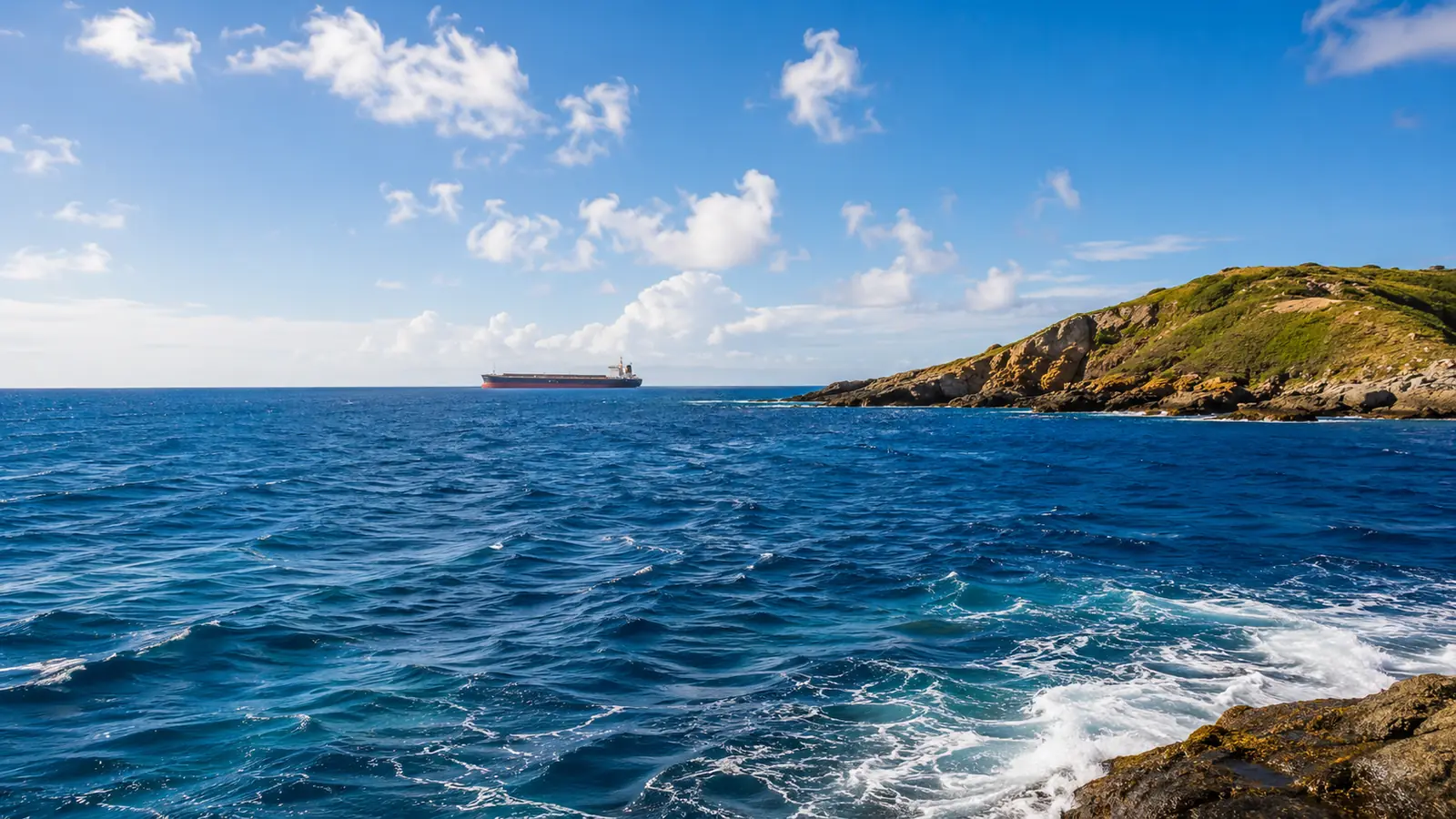A wide sea channel under bright sunlight, a distant cargo ship on the horizon and a low rocky headland to one side