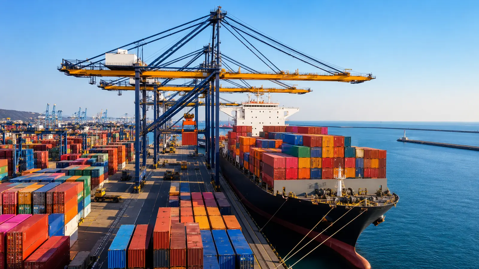 Rows of colourful shipping containers stacked at a port in bright morning sunlight, a gantry crane above