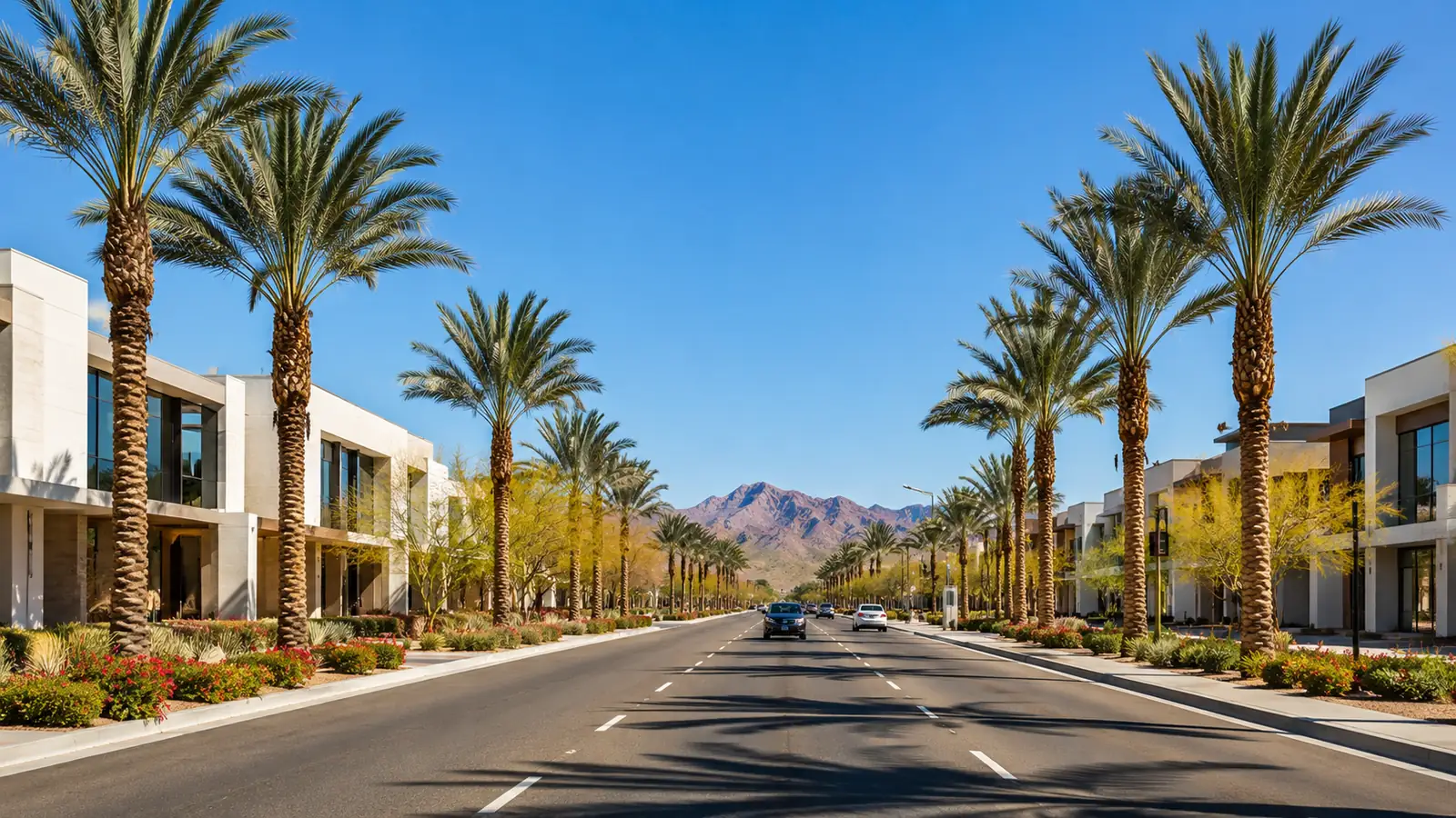 A wide sunlit desert boulevard lined with palm trees and modern buildings under a clear blue sky