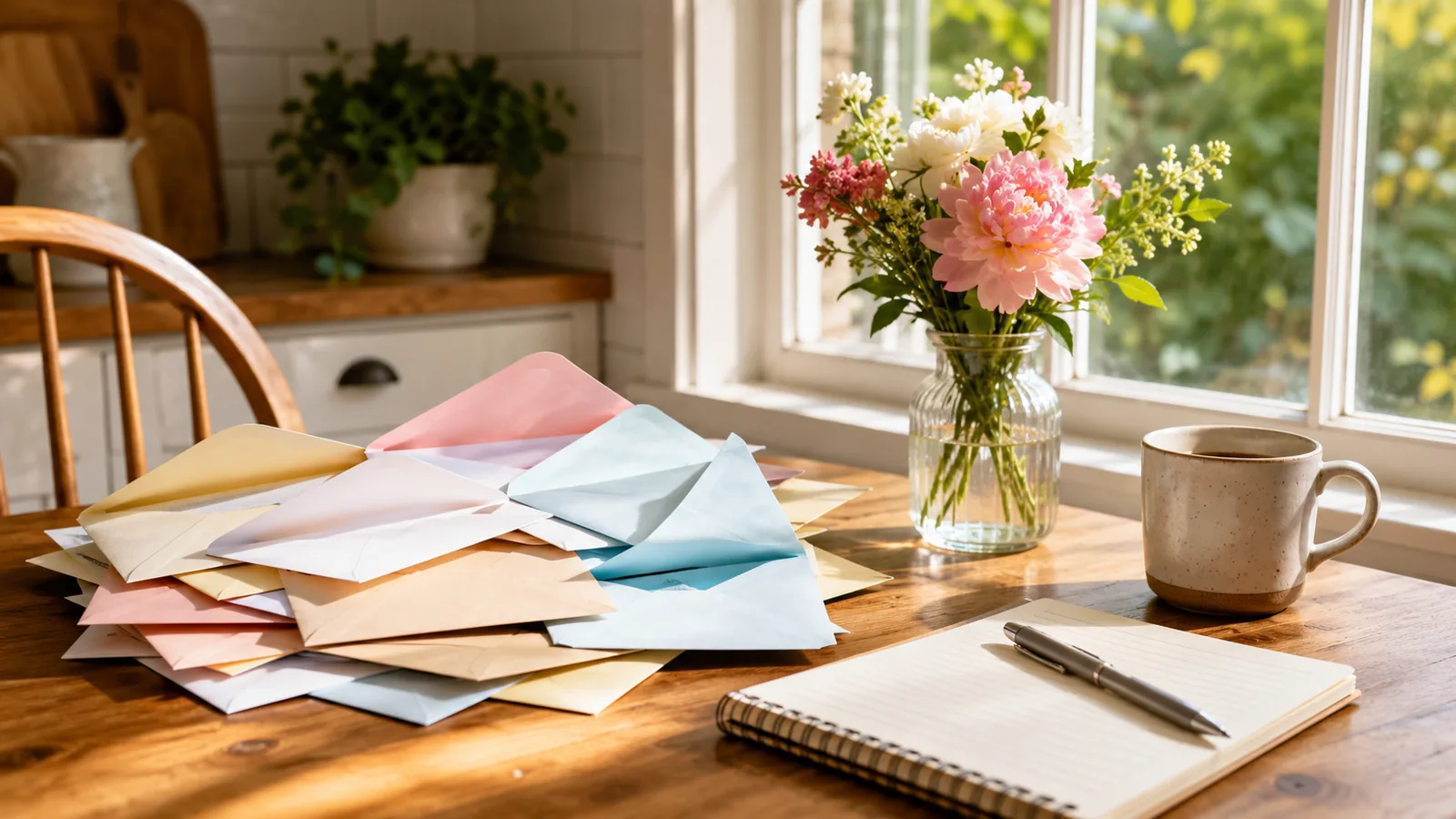 A sunlit kitchen table by a window with opened envelopes, a notebook and fresh flowers