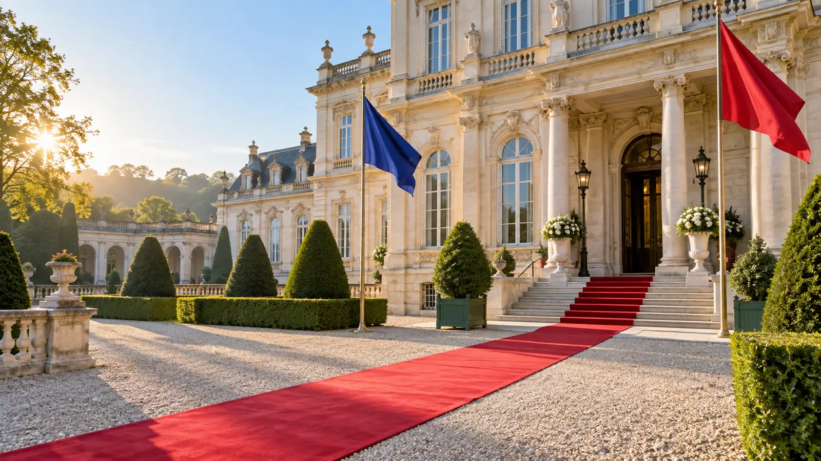 A palace courtyard on a clear morning with a red carpet across the gravel and trimmed green hedges