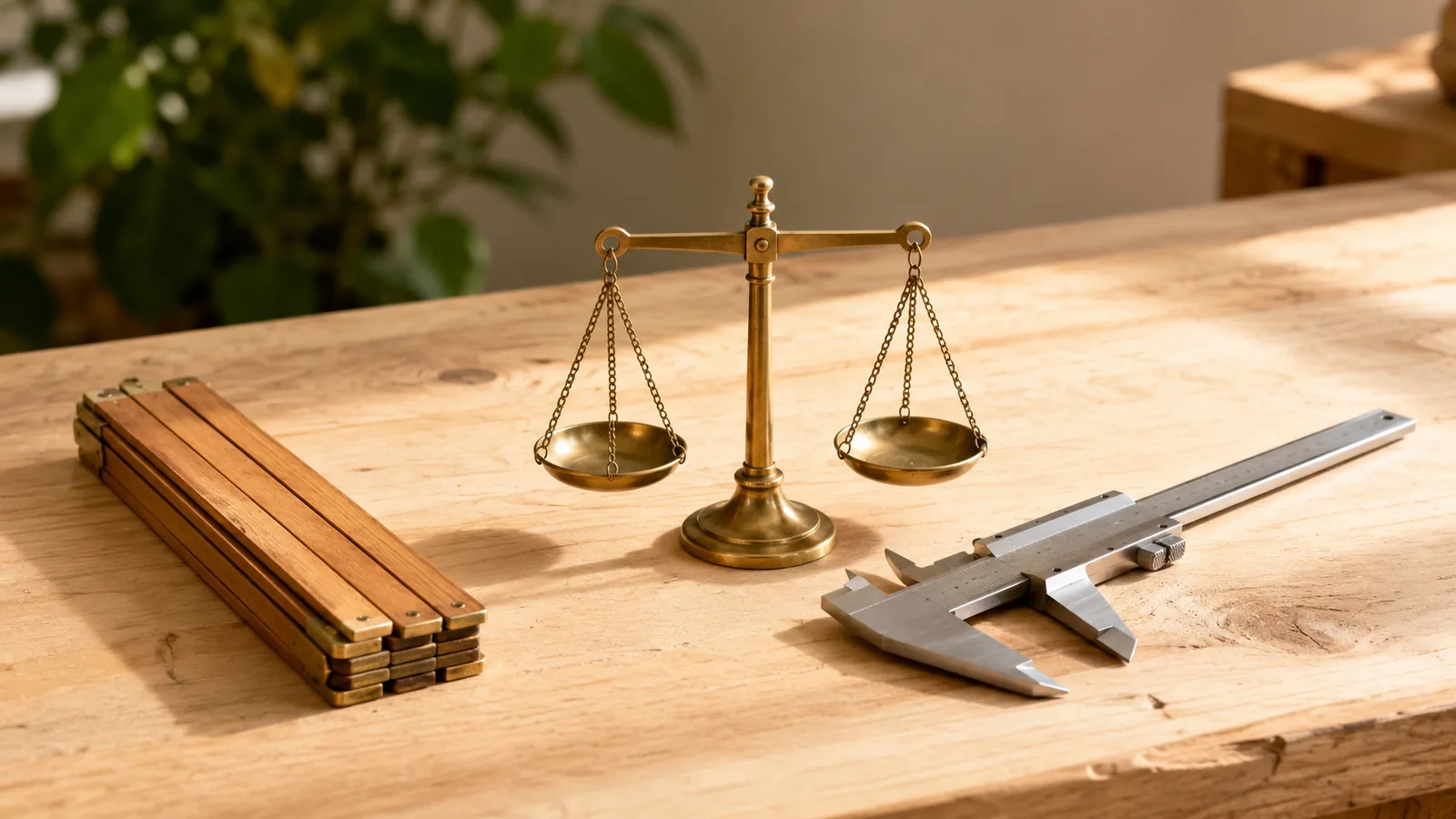 A folding ruler, brass weighing scales and a caliper laid side by side on a pale wooden workbench in warm morning light