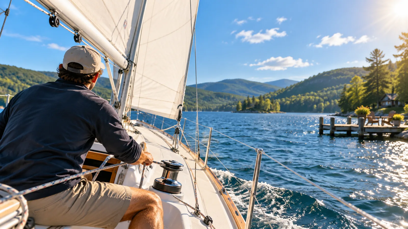 A sailboat on a sunny lake with a sailor seen from behind trimming the sail and green hills behind