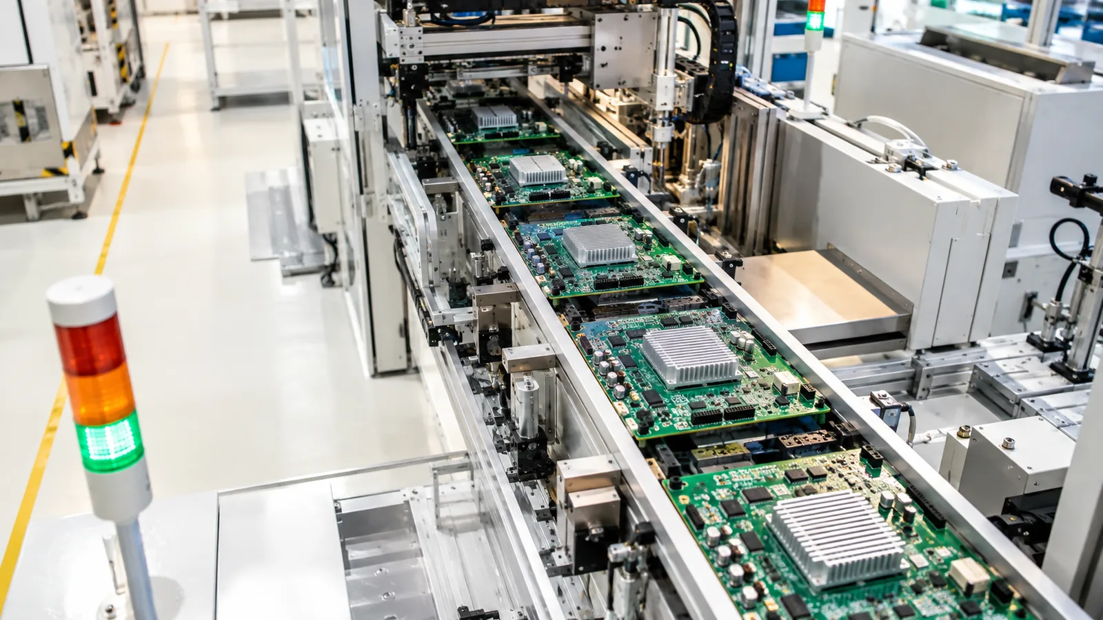 Green circuit boards with silver heat sinks moving along a conveyor on a brightly lit assembly floor