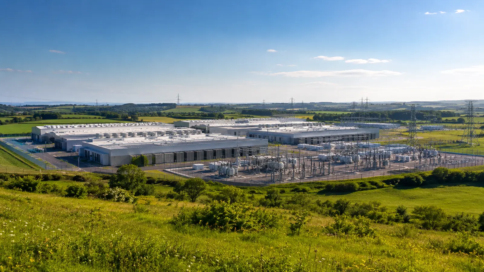 A large data centre campus seen from a low hill in morning light, with substation equipment and transmission pylons alongside