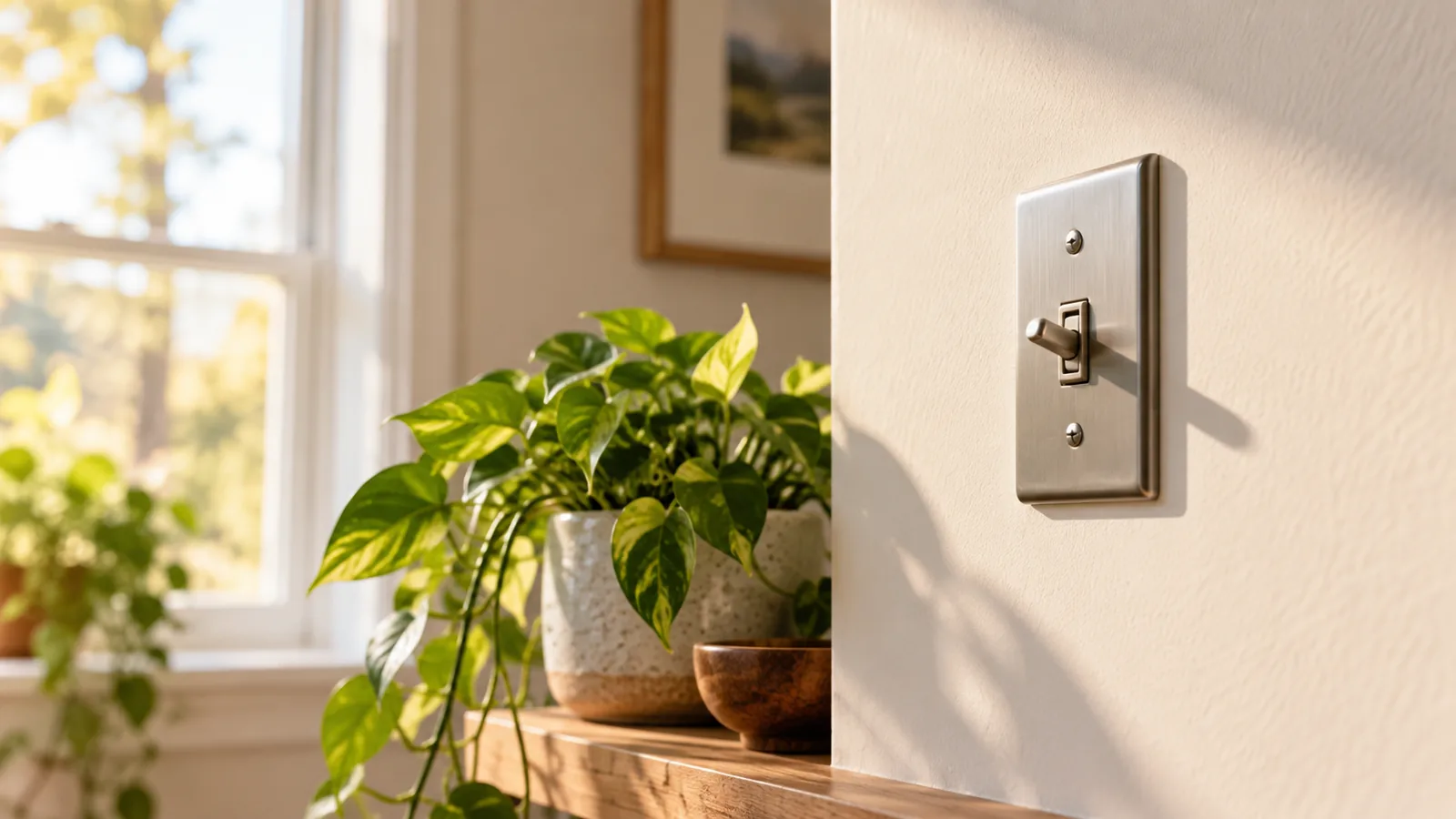 A single toggle switch on a pale wall beside a sunlit window, a green potted plant on a shelf below
