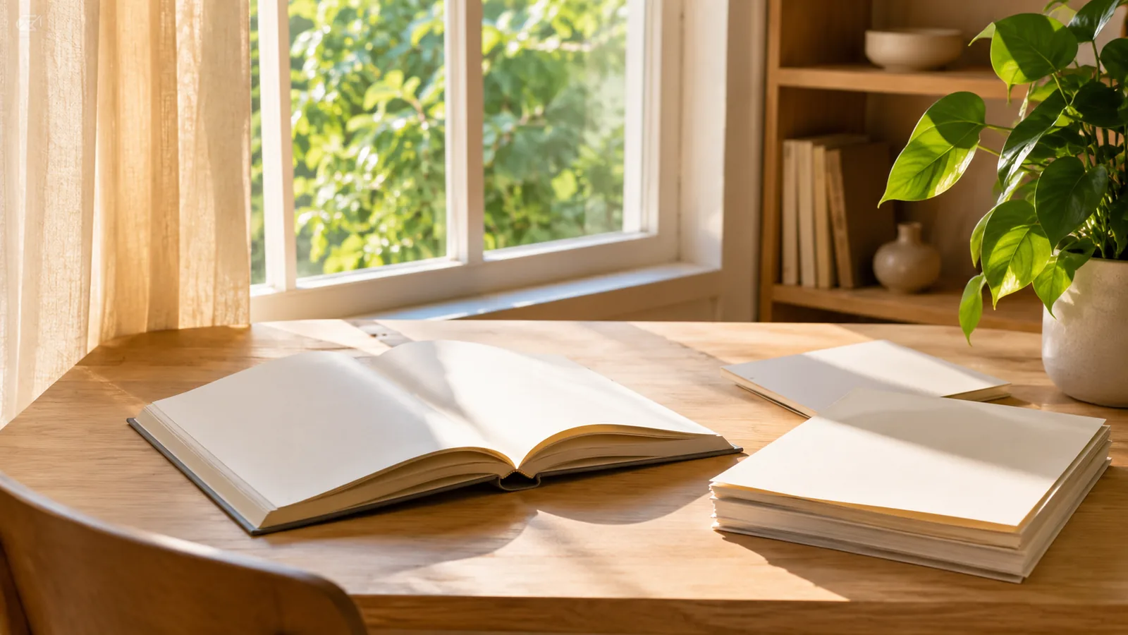 A sunlit reading desk by a tall window with an open book and a neat stack of papers on pale wood