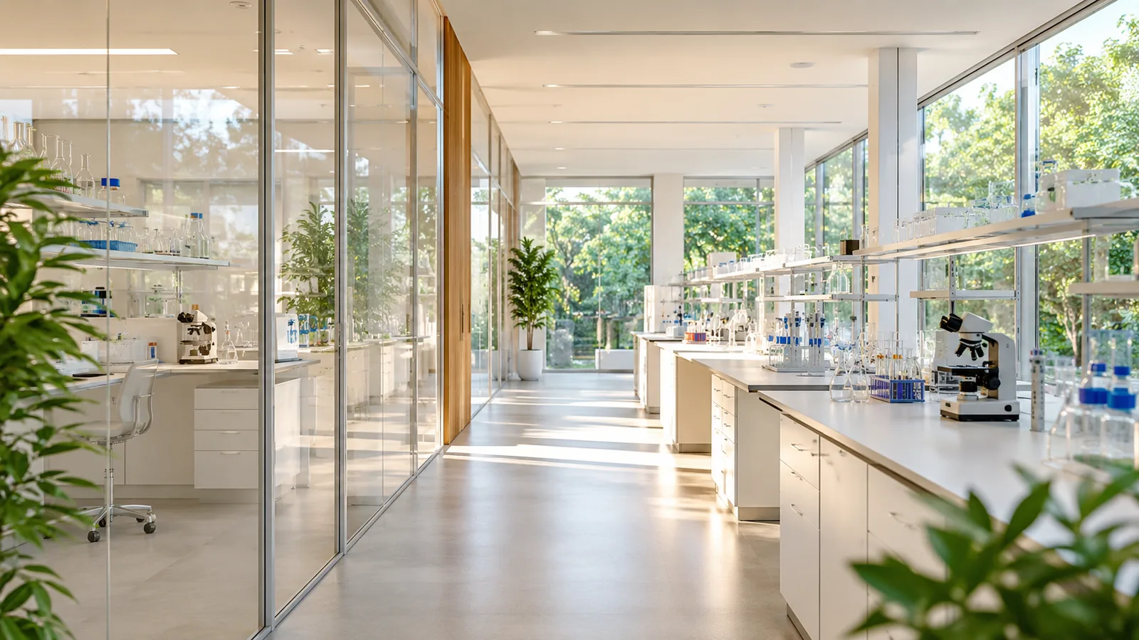 A modern research laboratory corridor in daylight, glass partitions and tall windows onto green trees