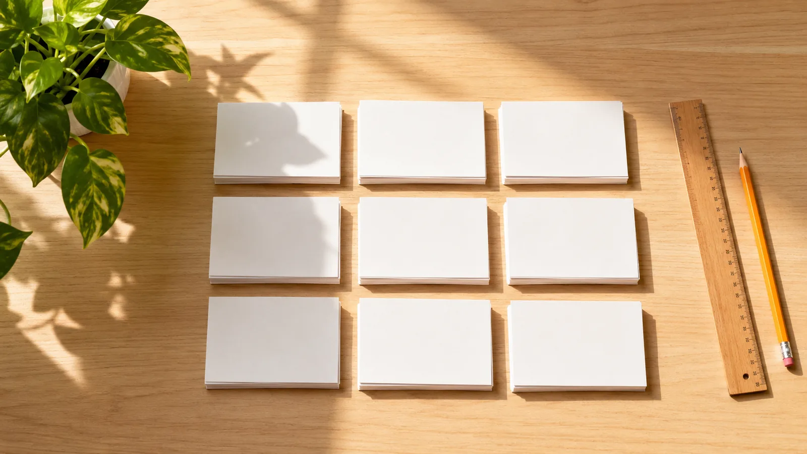 A sunlit desk seen from above at midday, small paper cards spread in neat rows beside a wooden ruler and pencil