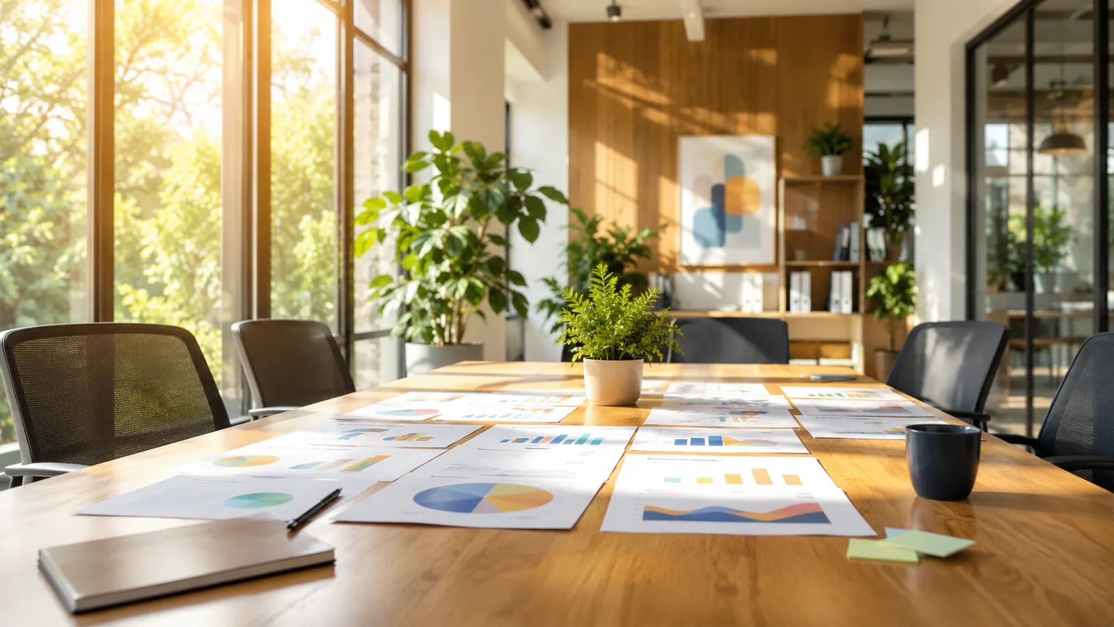A long meeting-room table with printed charts spread across it under warm morning light from large windows