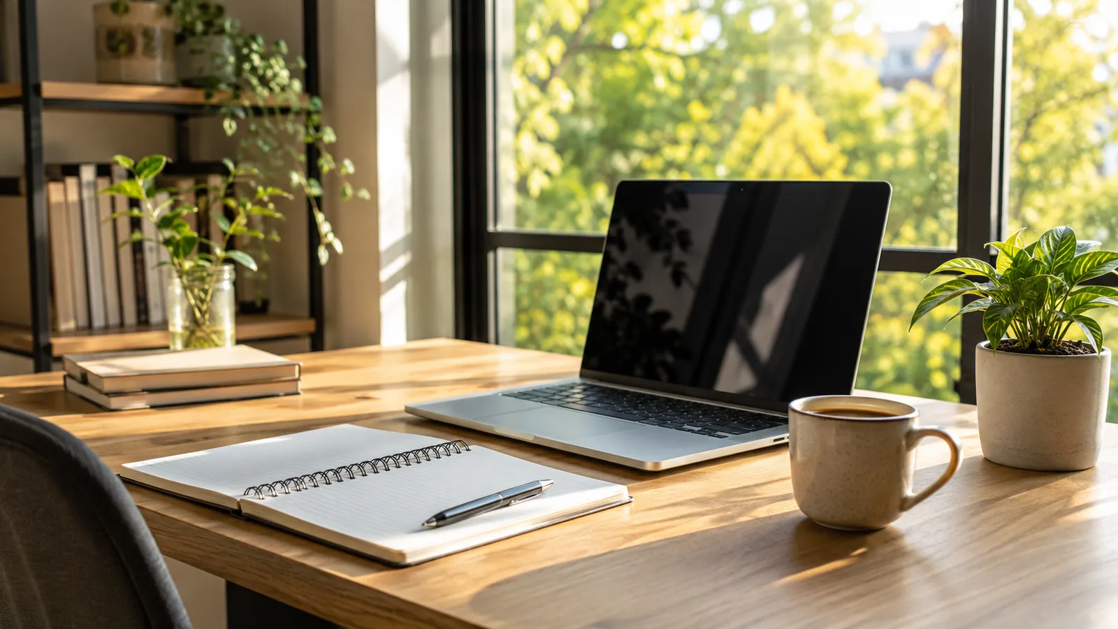 A tidy desk by a window in morning light, a laptop, notebook and coffee mug