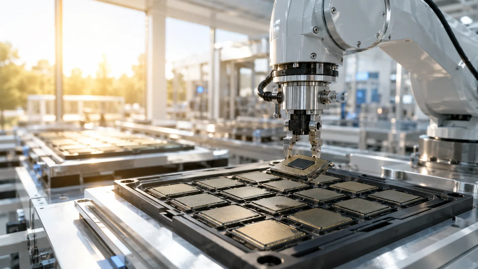 A clean semiconductor packaging line in daylight, a robotic arm placing a square chip package on a tray with rows of trays behind