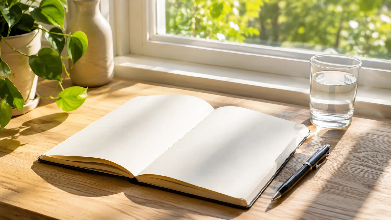 An open notebook and pen on a sunlit desk beside a window, warm daylight across pale paper
