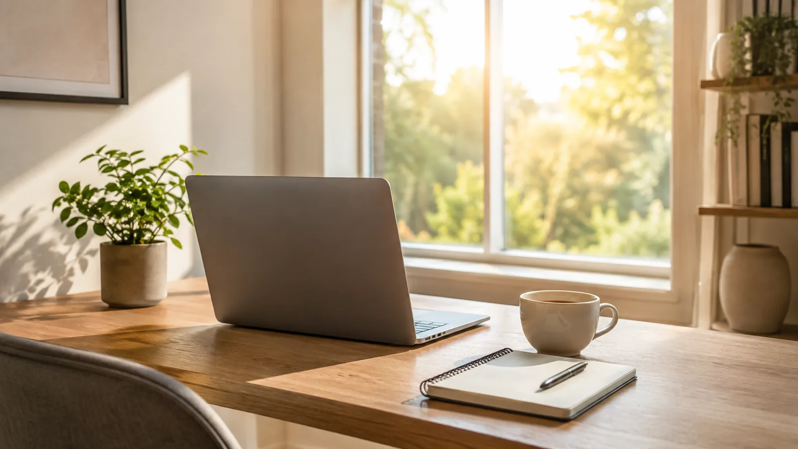 A tidy desk by a sunny window with a laptop seen from behind, a notebook and a cup of coffee