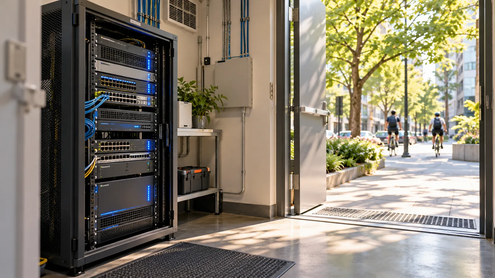 A compact server rack in a small street-level equipment room opening onto a sunny tree-lined street