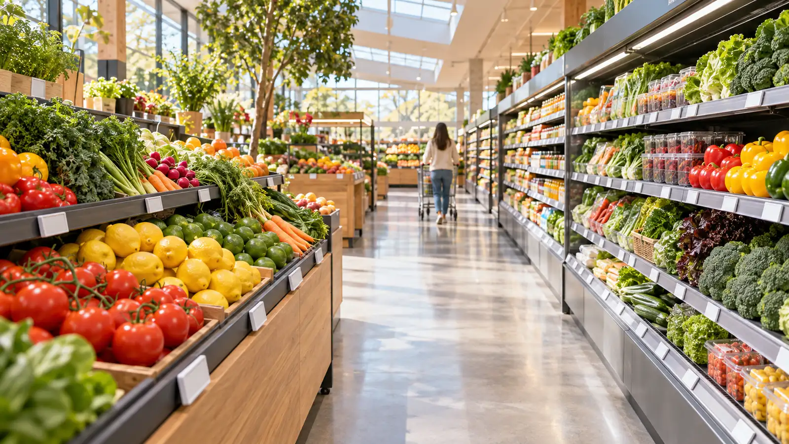 A bright supermarket aisle with small electronic shelf labels along the shelf edges under skylight daylight