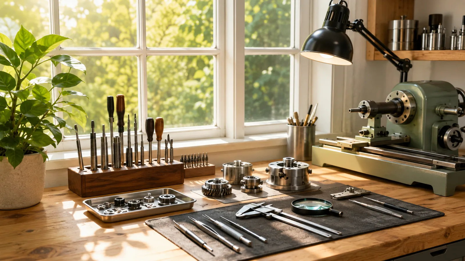 A tidy sunlit workshop bench by a window with neatly arranged metal tools and machine parts