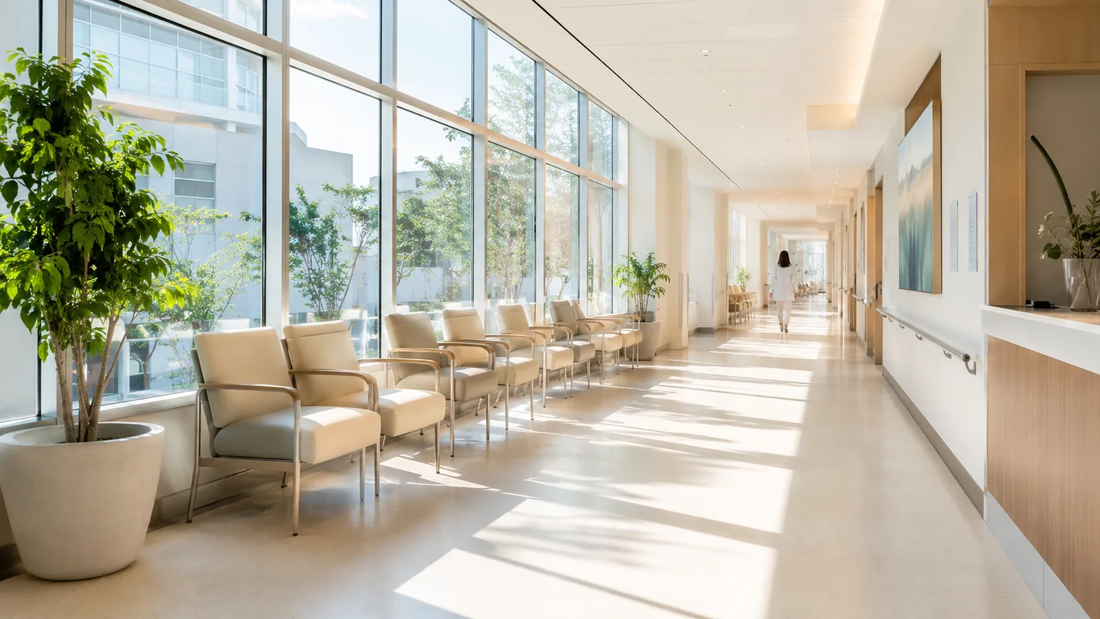 A sunlit hospital corridor in the morning with a window wall, empty seats along one side and a person walking far away