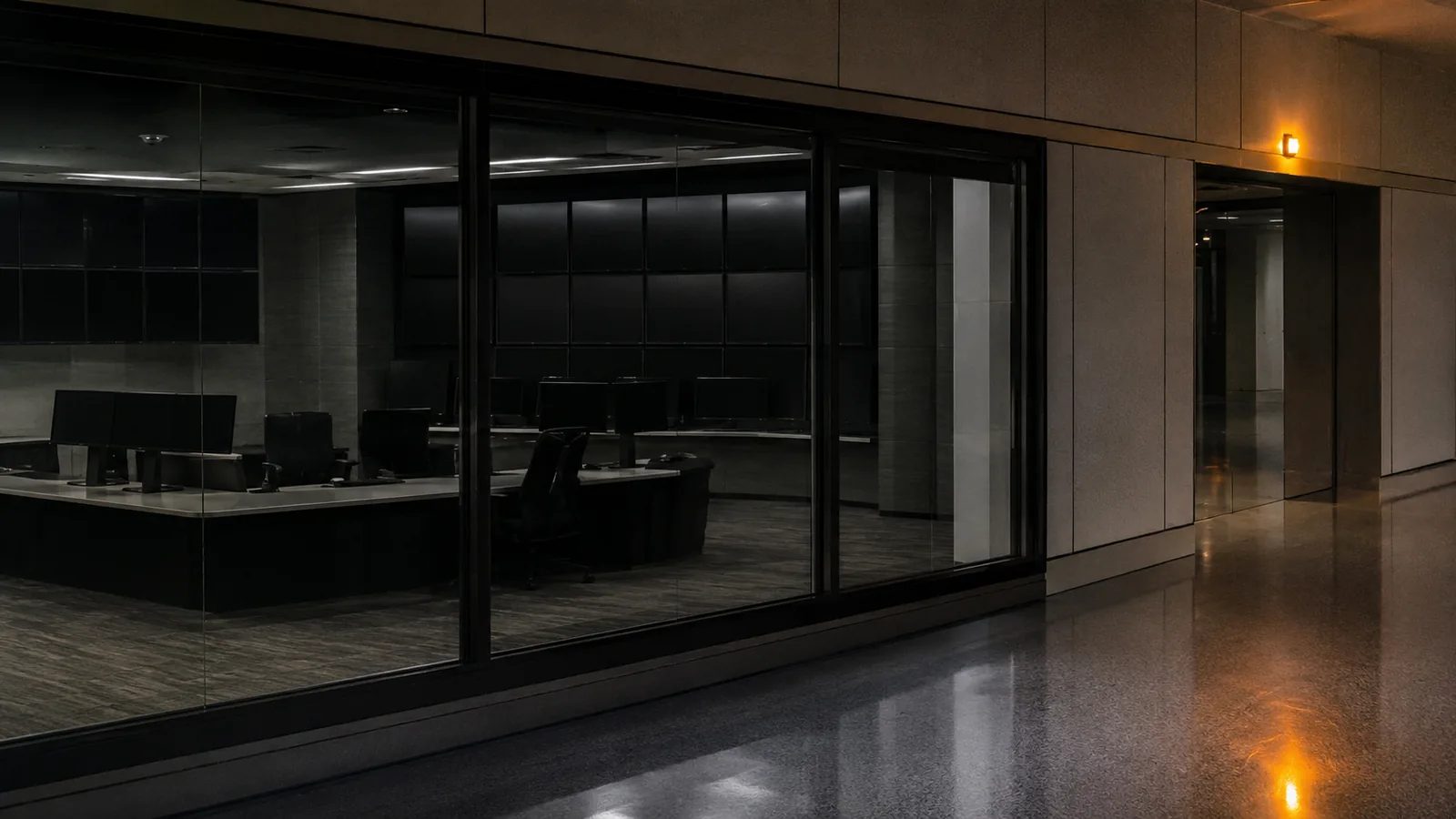 An exchange operations corridor, one amber lamp lit above a door