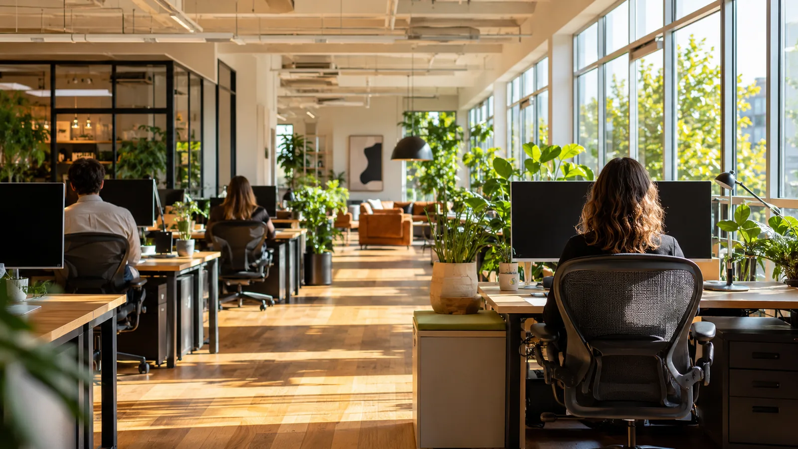A bright open-plan office at midday, sunlight across desks and plants between the rows