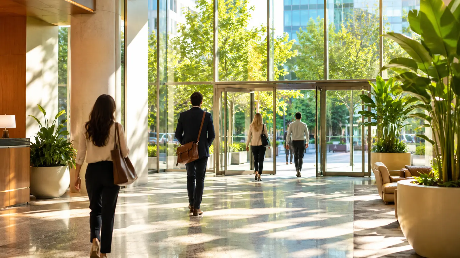 A sunlit office lobby with a window wall, people seen from behind walking toward the entrance