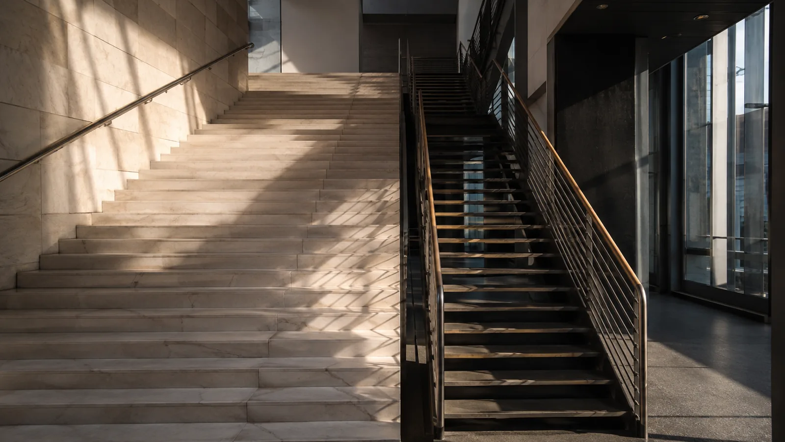 Two staircases in one atrium — wide marble beside steep steel
