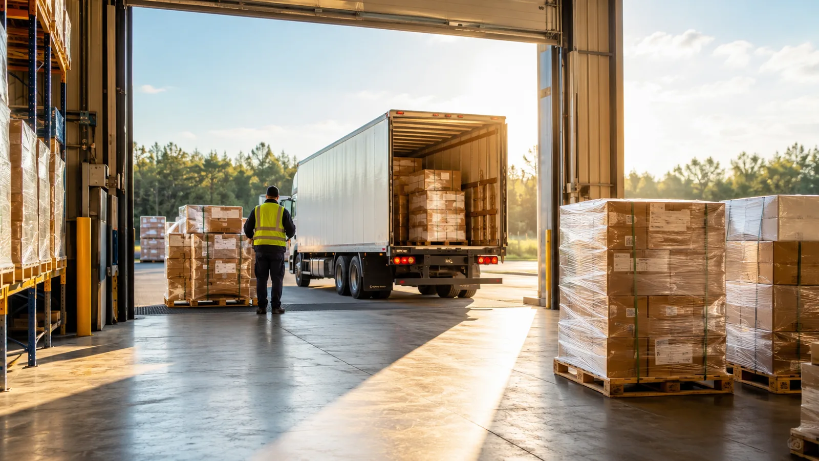 A factory shipping dock in morning light, pallets of goods and a worker seen from behind