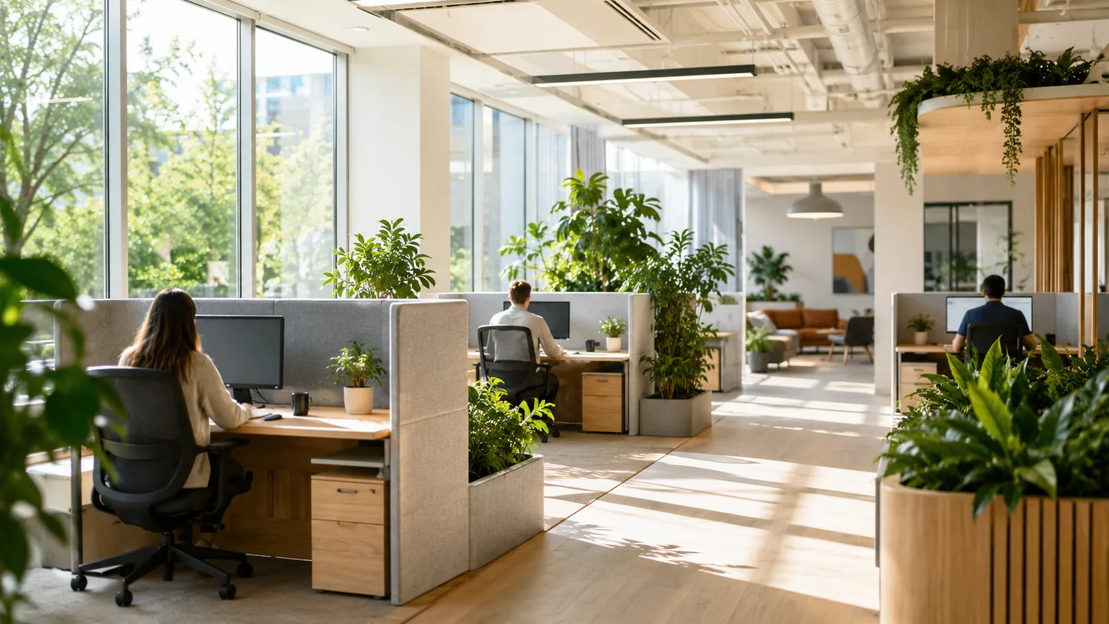 A bright modern open office at midday, small work pods linked by clean walkways, sunlight through tall windows and plants between them