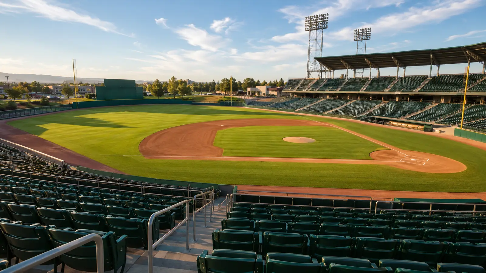 A baseball stadium seen from the upper stands in late afternoon sunlight, green outfield and clean infield dirt