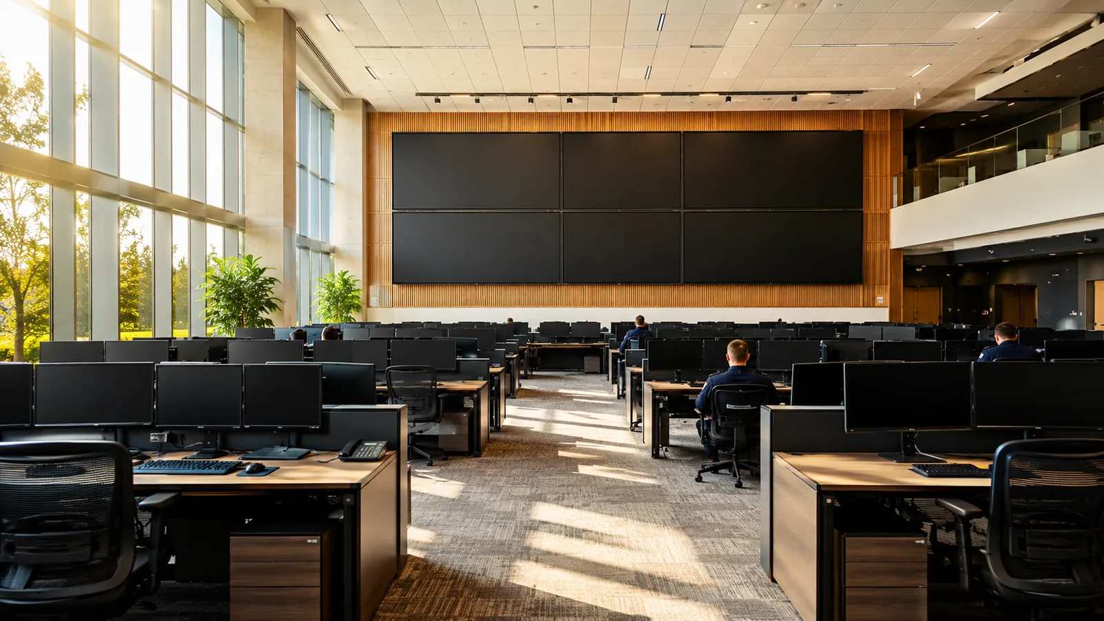 A large operations room with rows of desks and screens in warm daylight, people seen far away
