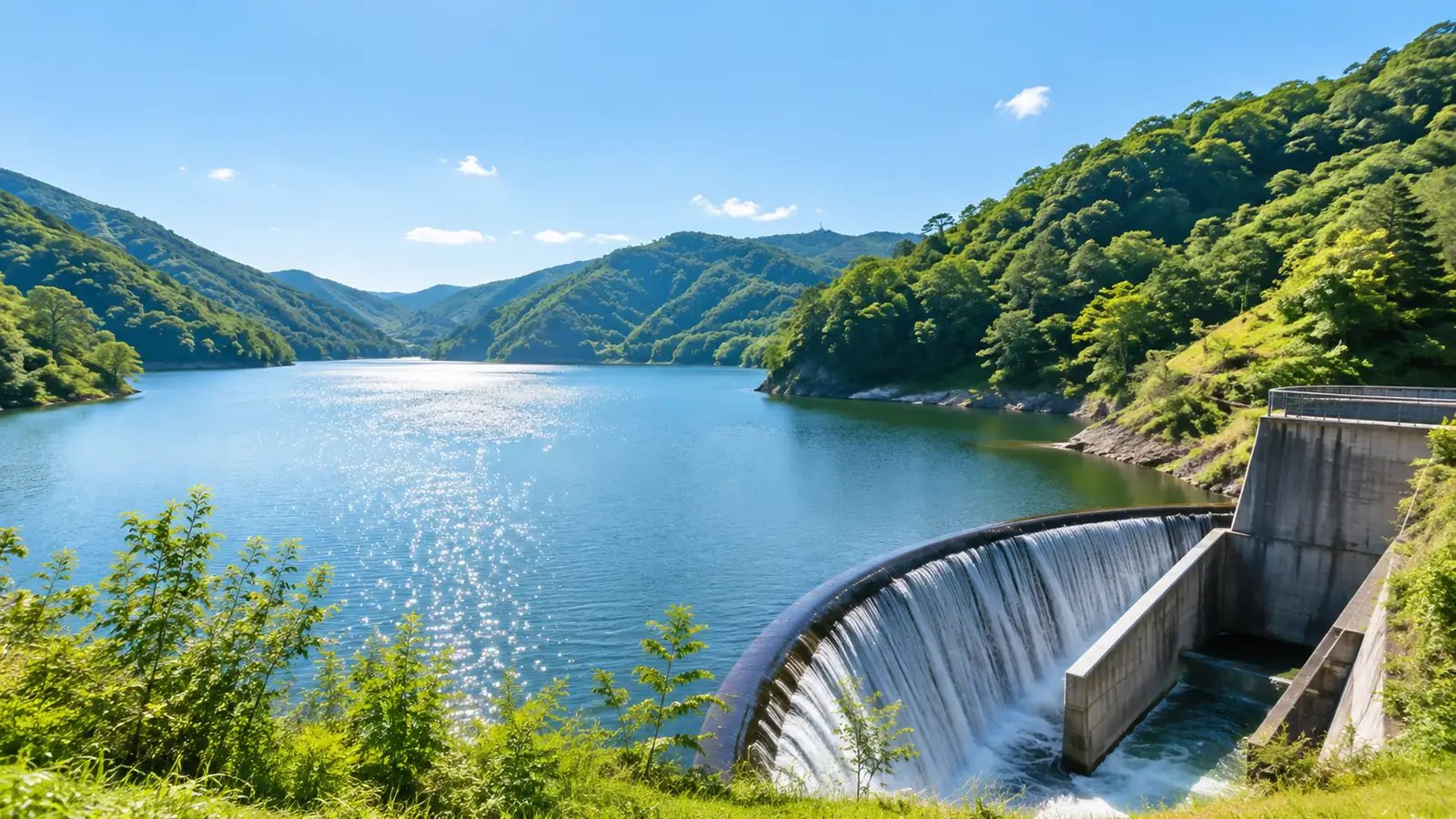 A calm reservoir ringed by green hills under a clear summer sky, with a concrete spillway at one edge