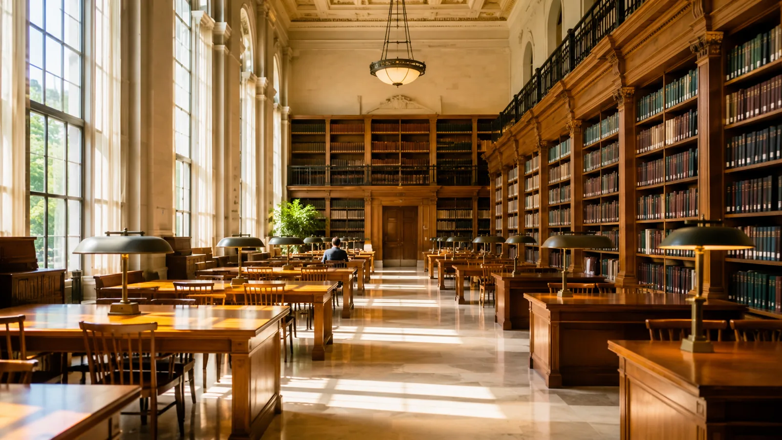 A sunlit reading room with tall windows, long wooden tables and shelves of bound volumes