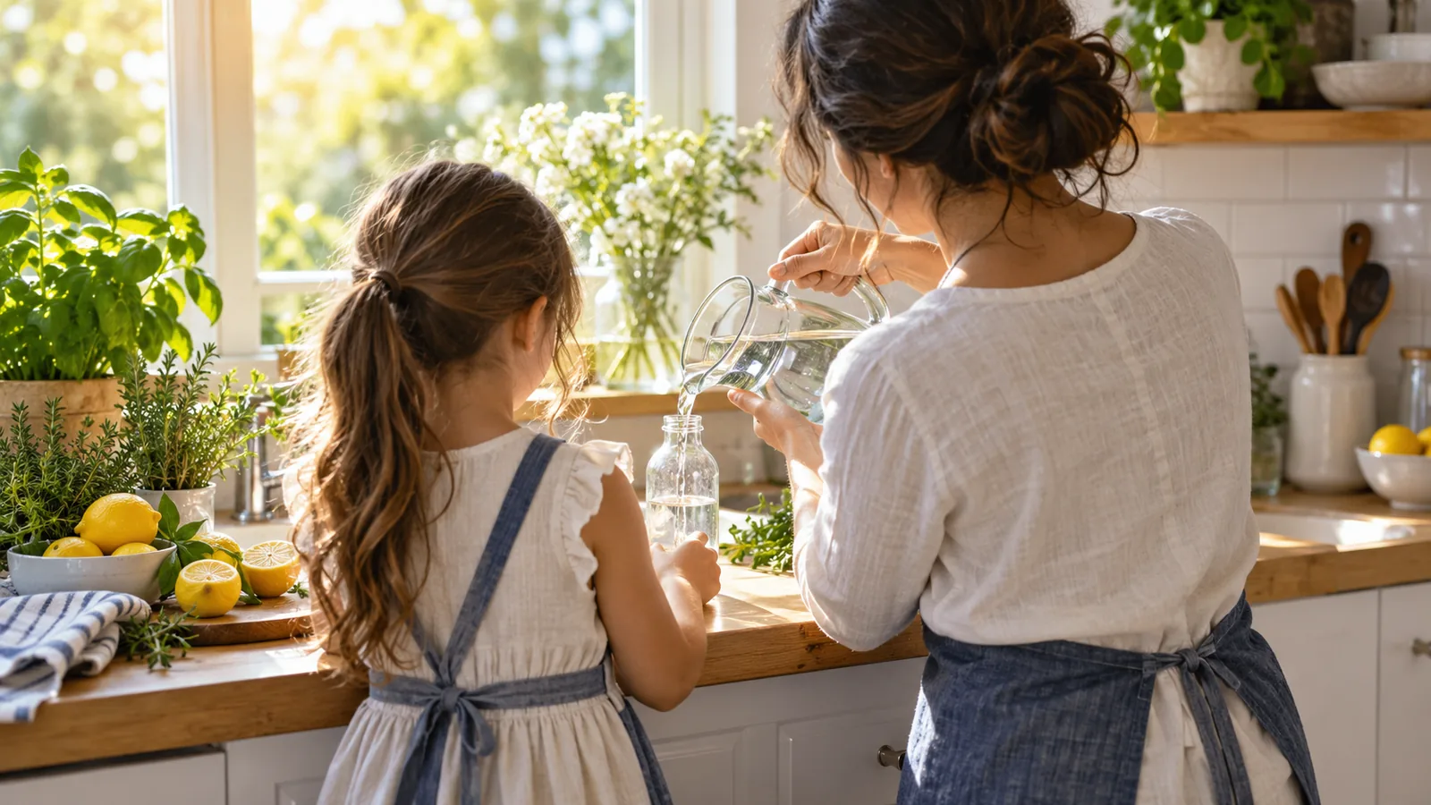An adult showing a child how to pour from a large glass jug into a small bottle at a sunny kitchen counter