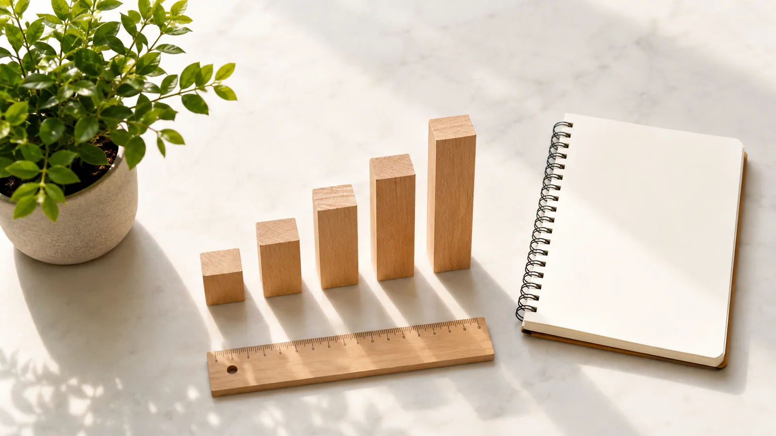 A bright desk seen from above at midday, wooden blocks of varying heights arranged in a row beside a ruler and notebook