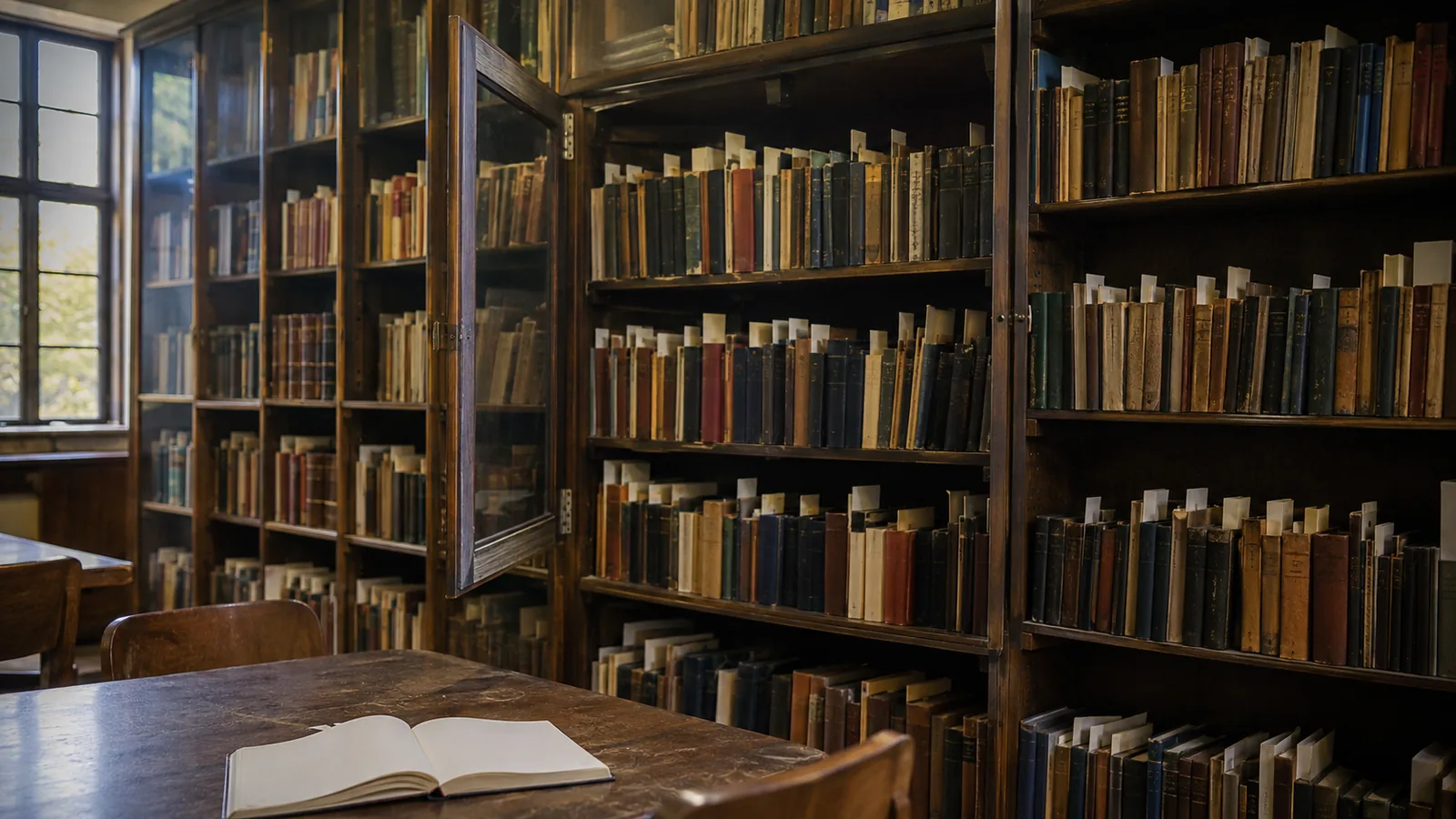 A library shelf swung open above a table with a blank notebook