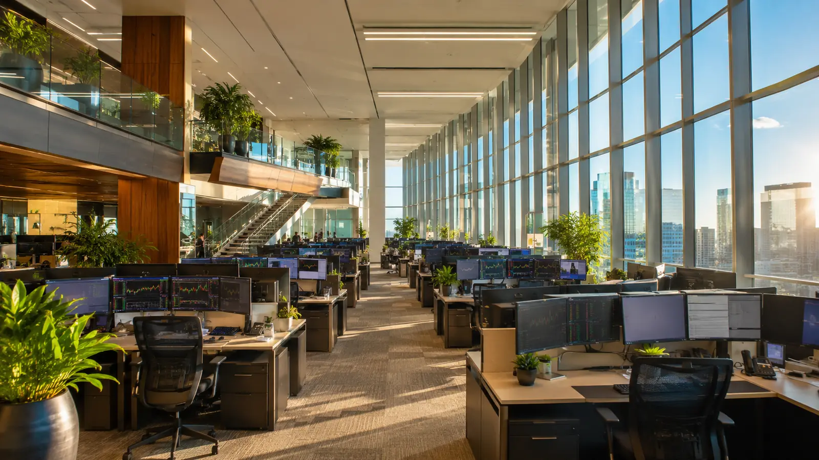 Rows of desks and monitors in a modern trading office with warm morning light through wide windows