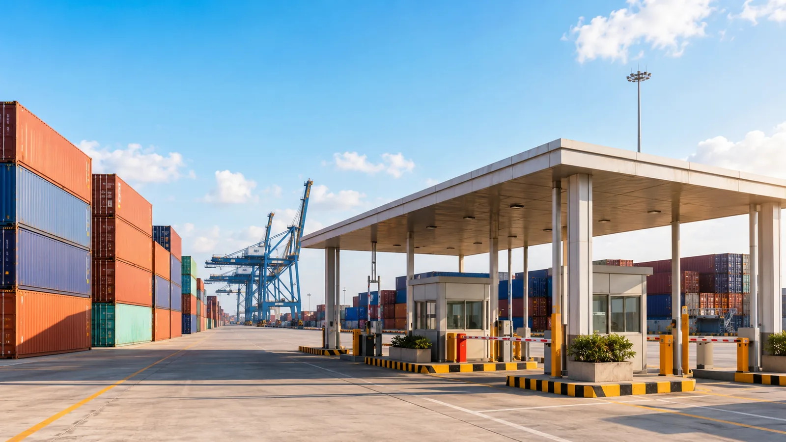 A customs inspection area at a modern port in warm daylight with stacked containers and distant cranes