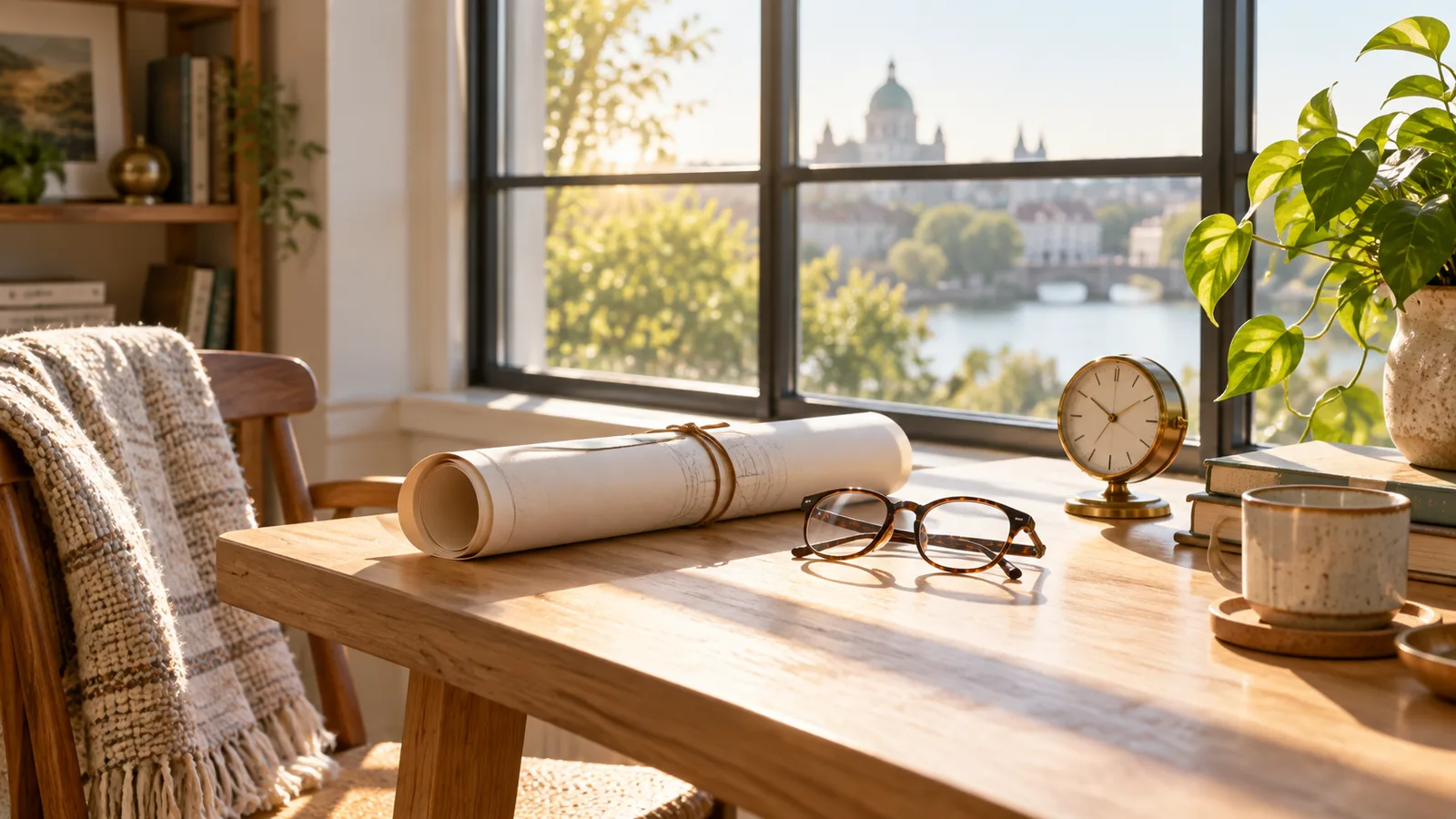 A sunlit table by a window with a rolled document, glasses and a small brass clock