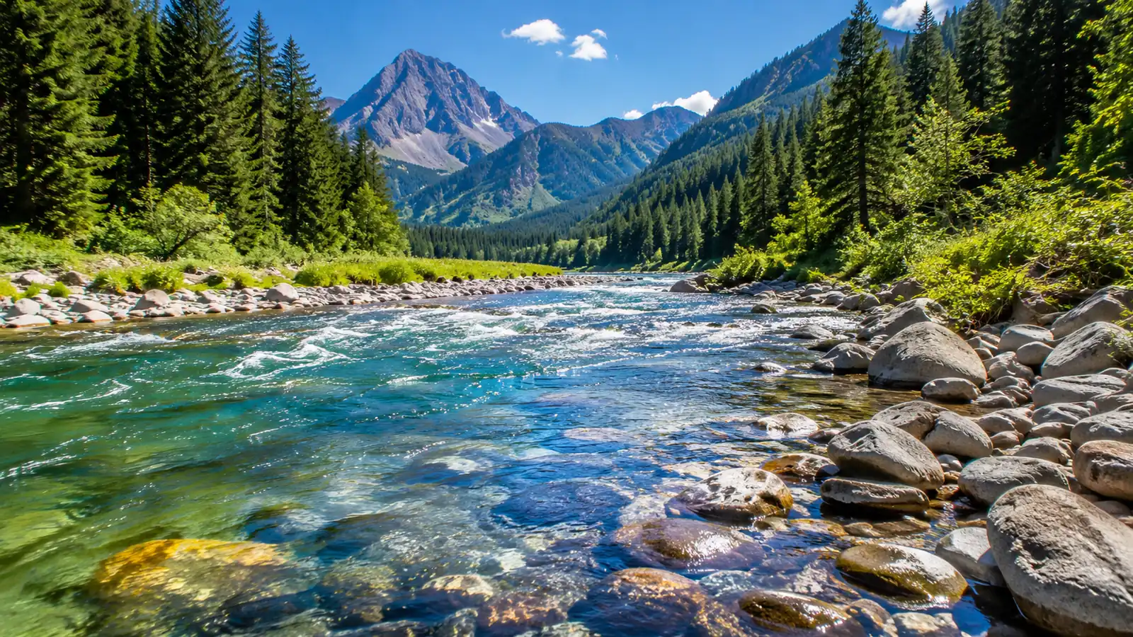 A clear mountain river running through a green valley on a summer morning, pine woods along the banks and peaks in the distance