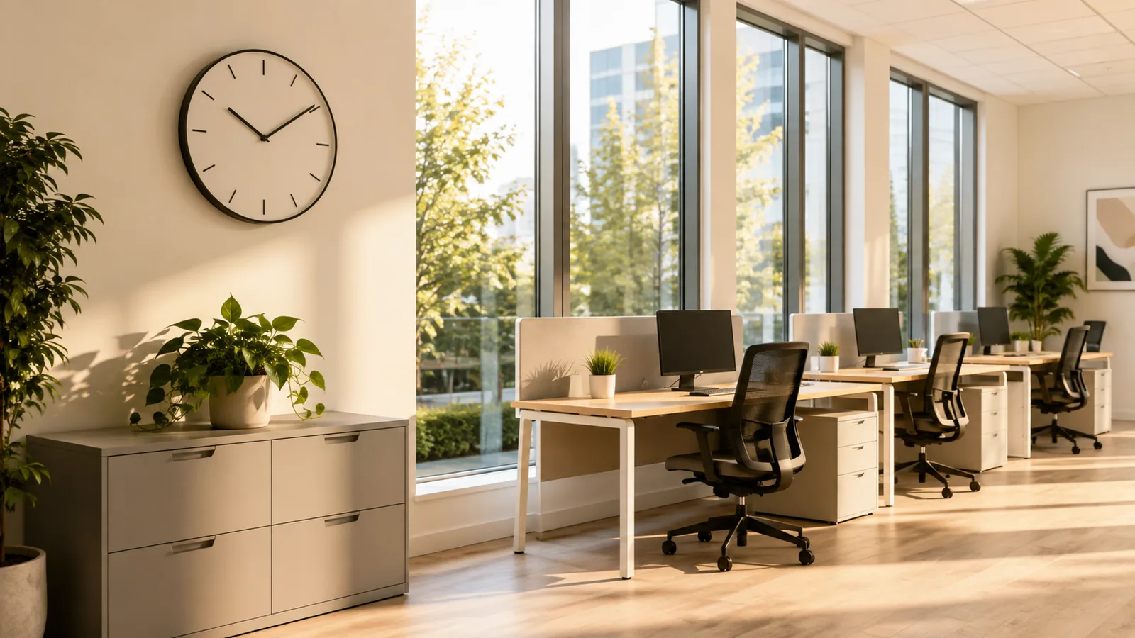 A bright office interior with a round wall clock and empty desks by tall windows, morning sunlight in long bands on the floor