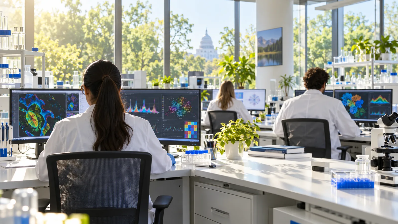 Researchers seen from behind working at monitors in a bright lab with trees visible through large windows