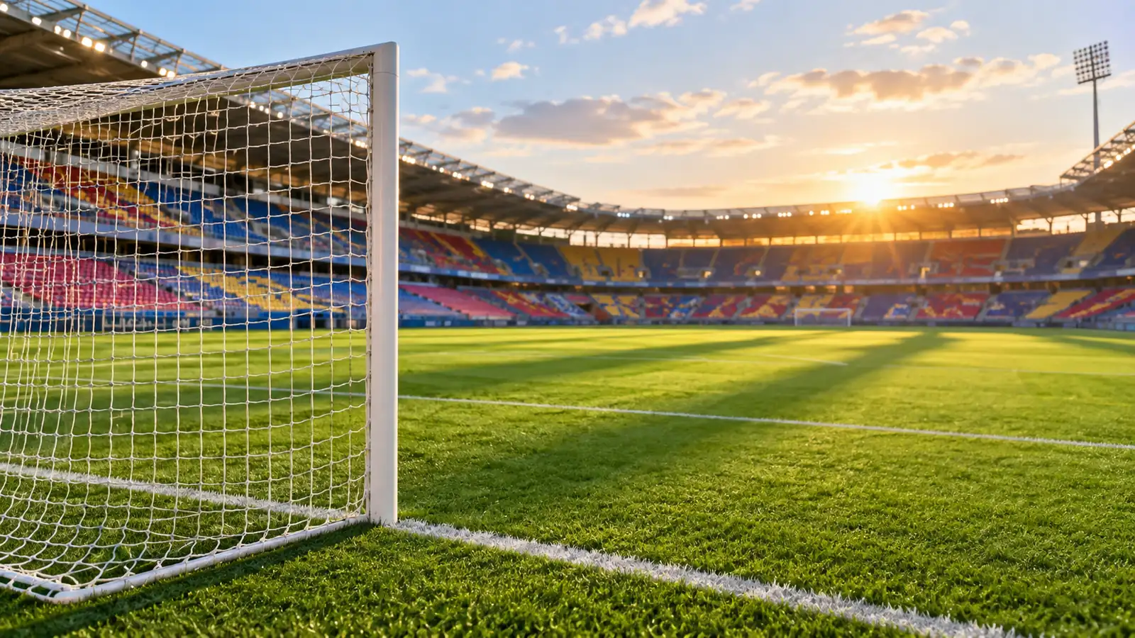 늦은 오후 햇빛이 든 축구 경기장, 선명한 흰 라인이 그어진 잔디와 앞쪽의 빈 골대